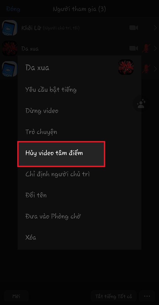 chọn Hủy video tâm điểm