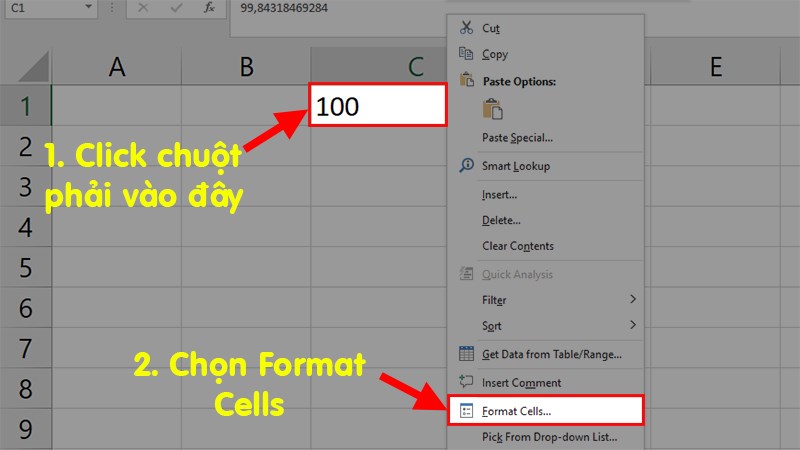 Click chuột phải vào ô Excel cần bỏ làm tròn số > Chọn Format Cells...