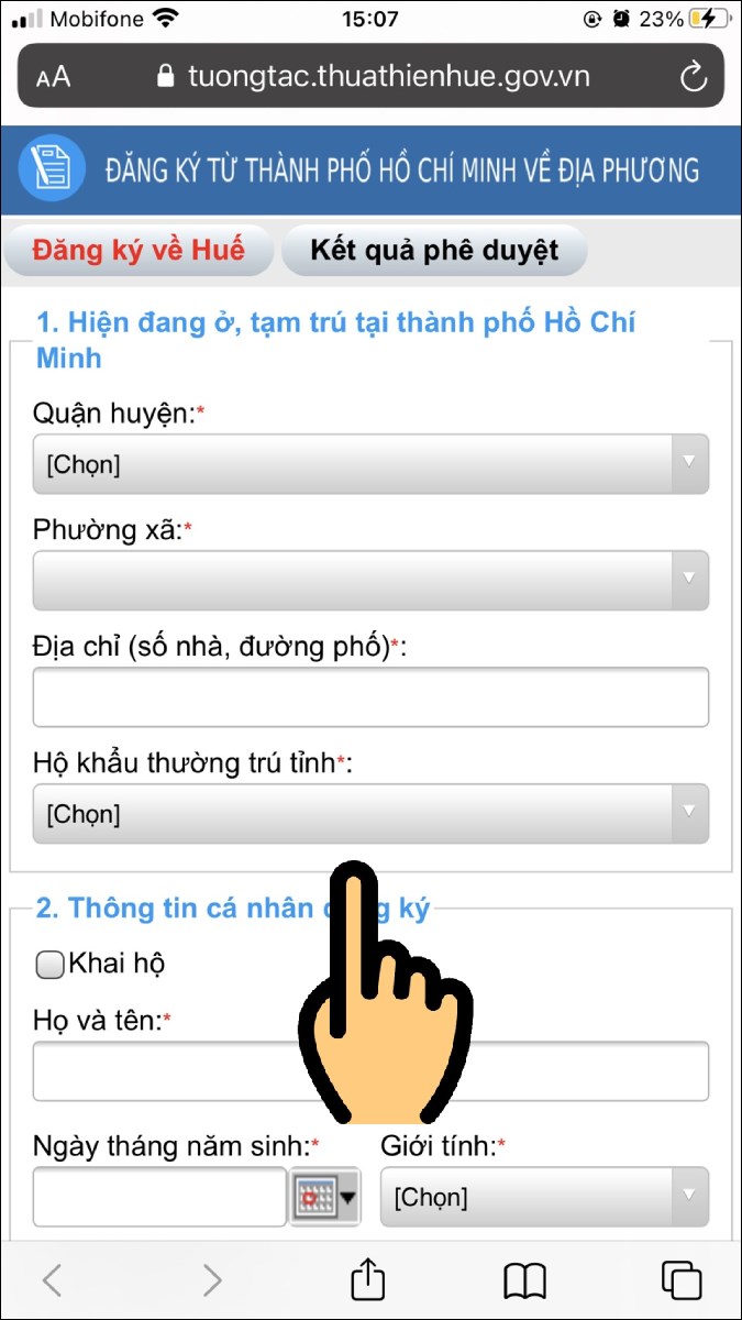 Nhập Quận huyện, Phường x&atilde;, Địa chỉ tạm tr&uacute; tại TPHCM v&agrave; Hộ khẩu thường tr&uacute; tỉnh
