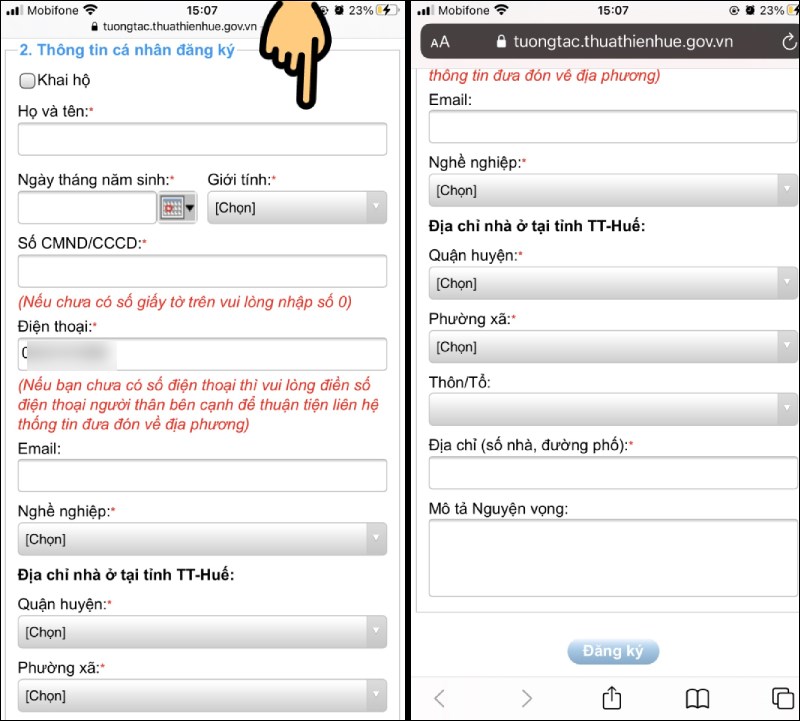Nhập th&ocirc;ng tin của người đăng k&yacute; về Huế