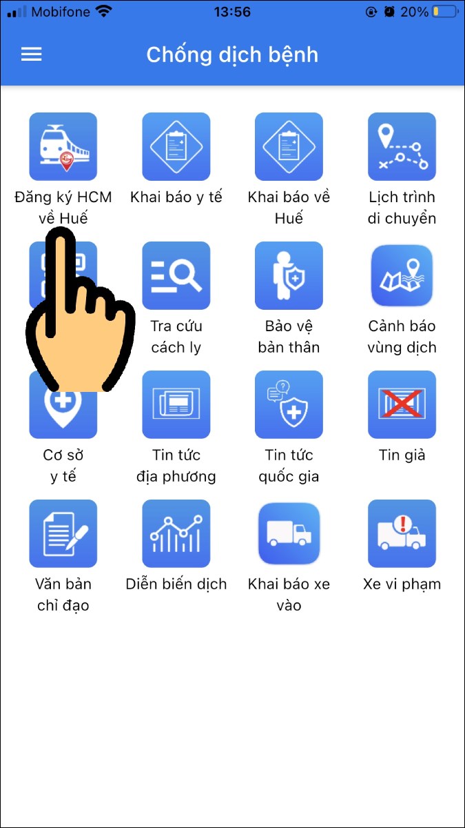 Chọn mục Đăng k&yacute; HCM về Huế