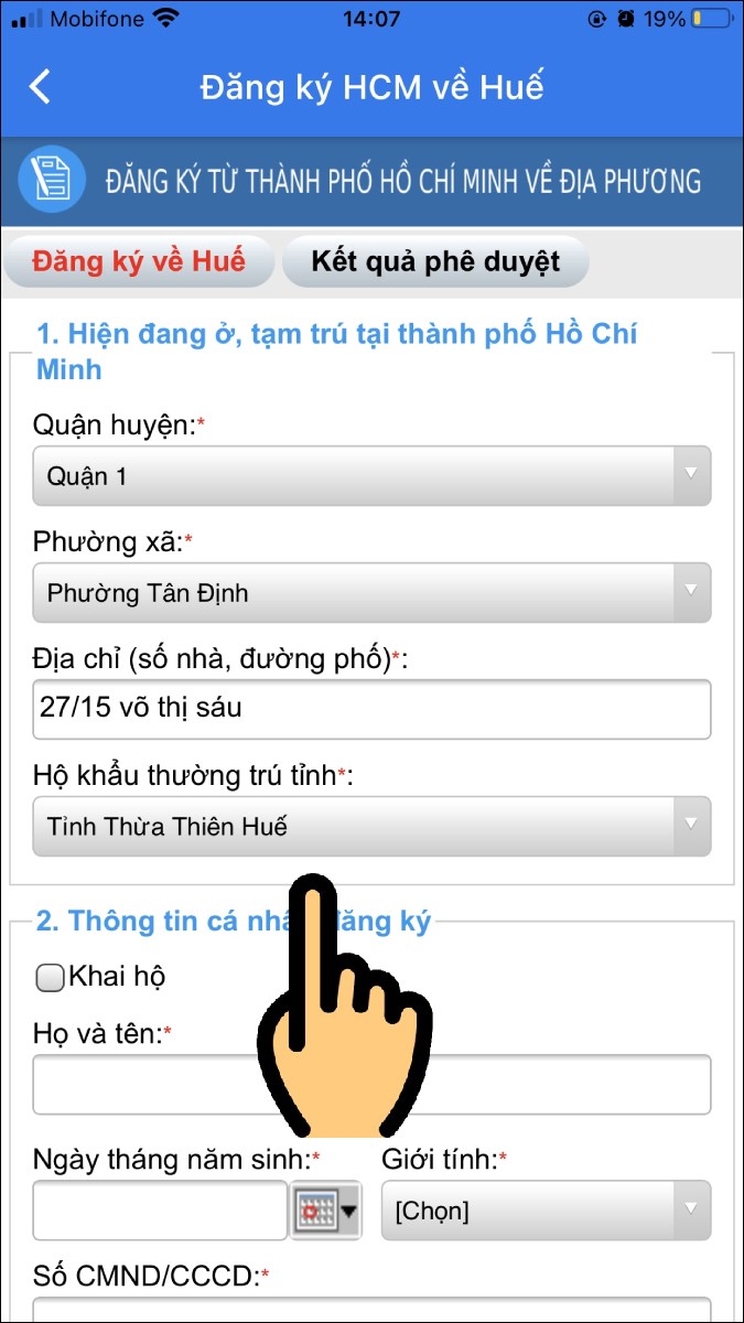 Nhập Quận huyện, Phường x&atilde;, Địa chỉ tạm tr&uacute; tại TPHCM v&agrave; Hộ khẩu thường tr&uacute; tỉnh