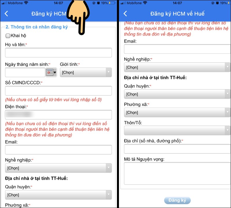 Nhập th&ocirc;ng tin của người đăng k&yacute; về Huế