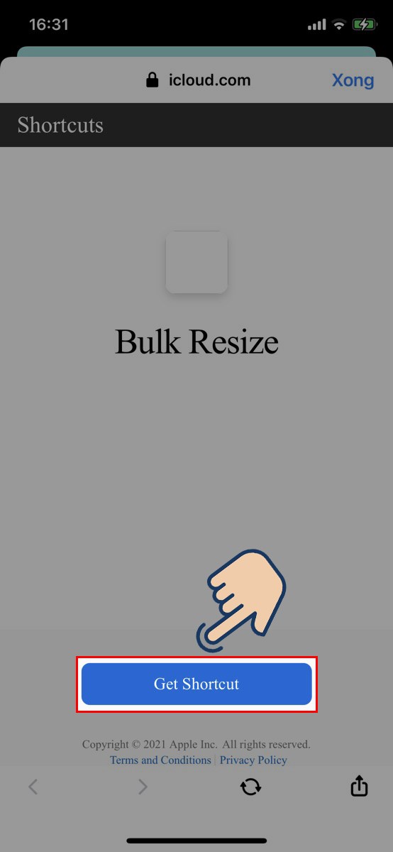 Nhấn v&agrave;o&nbsp;ph&iacute;m tắt Bulk Resize. Tại đ&acirc;y bạn h&atilde;y nhấn v&agrave;o Get Shortcut để th&ecirc;m ph&iacute;m tắt.
