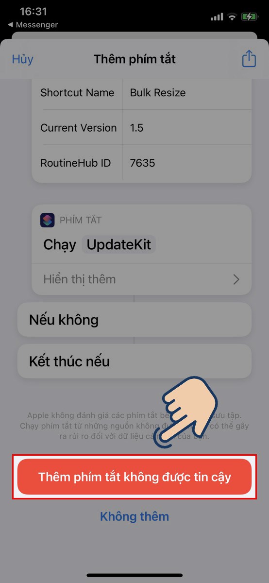 Chọn v&agrave;o n&uacute;t Th&ecirc;m ph&iacute;m tắt kh&ocirc;ng tin cậy.