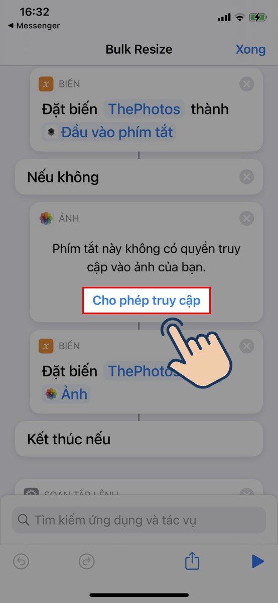 K&eacute;o xuống mục Ảnh v&agrave; nhấn Cho ph&eacute;p truy cập.