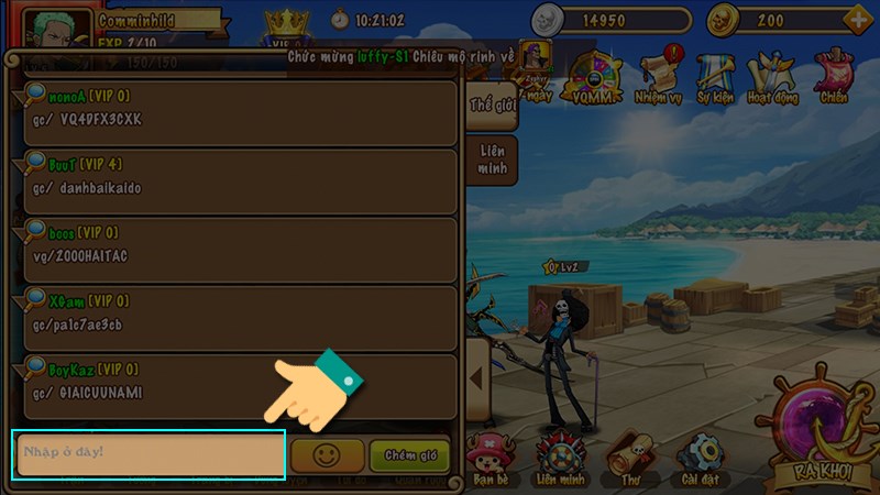 Nhập code v&agrave;o khung chat