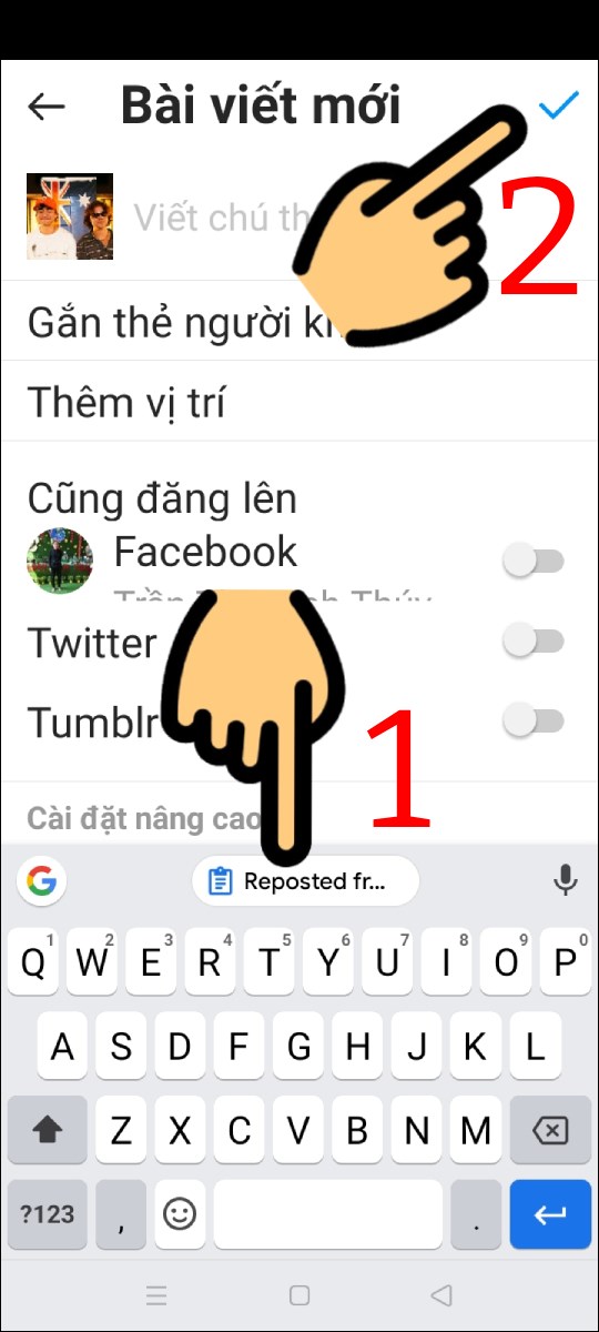 Nhấn vào Reposted fr...  và biểu tượng dấu v.