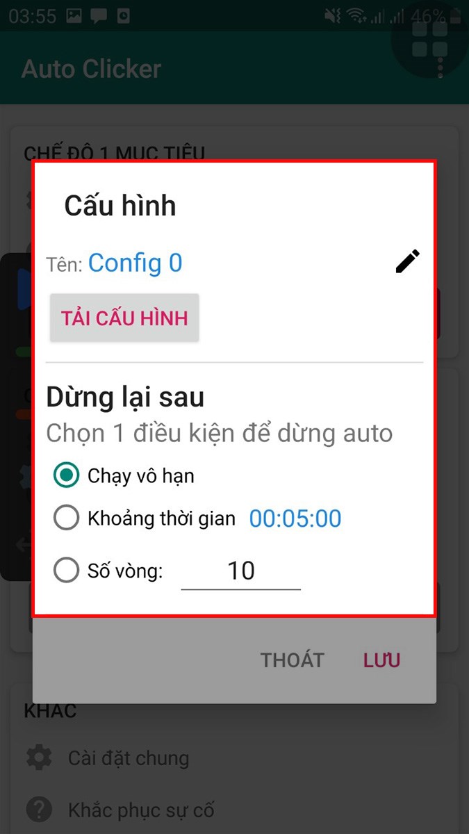 Cài đặt cấu hình cho chế độ tự động click