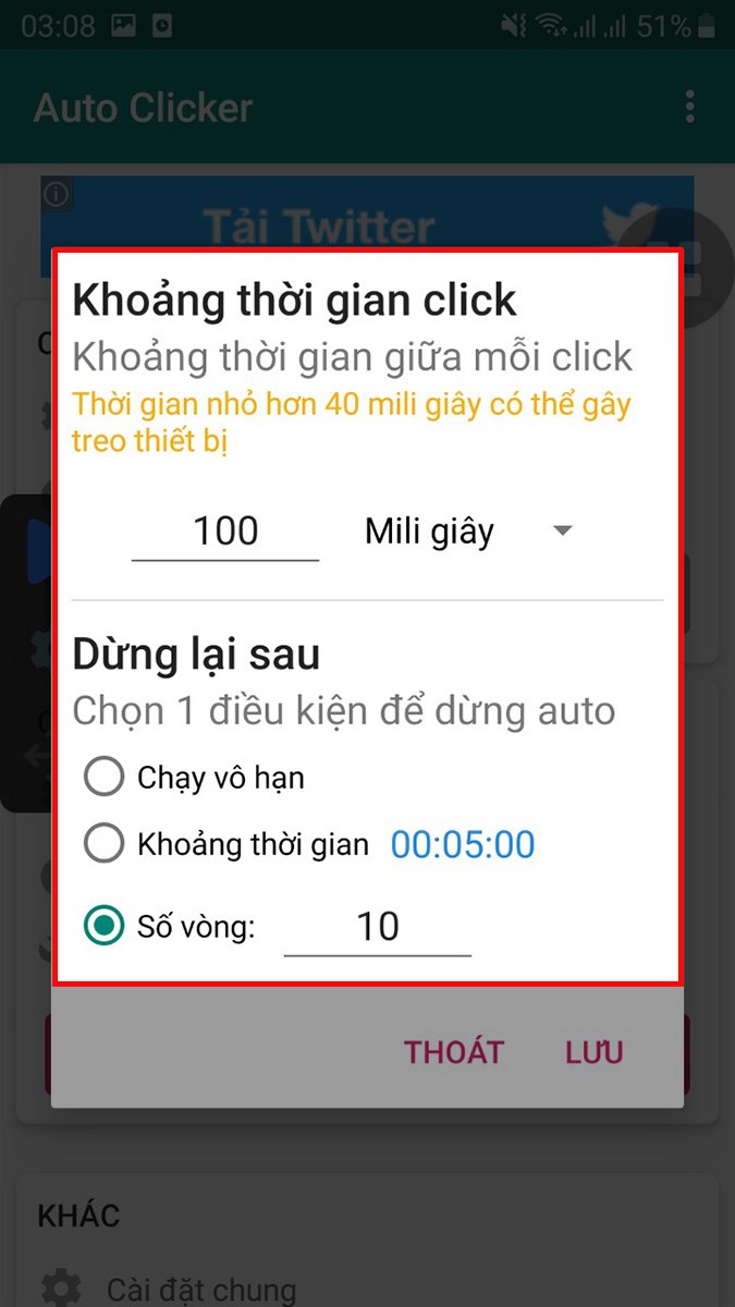 Tùy chỉnh thông số click