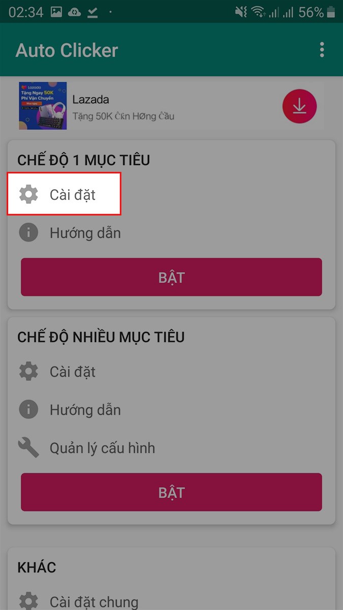 Nhấn Cài đặt tại mục CHẾ ĐỘ 1 MỤC TIÊU