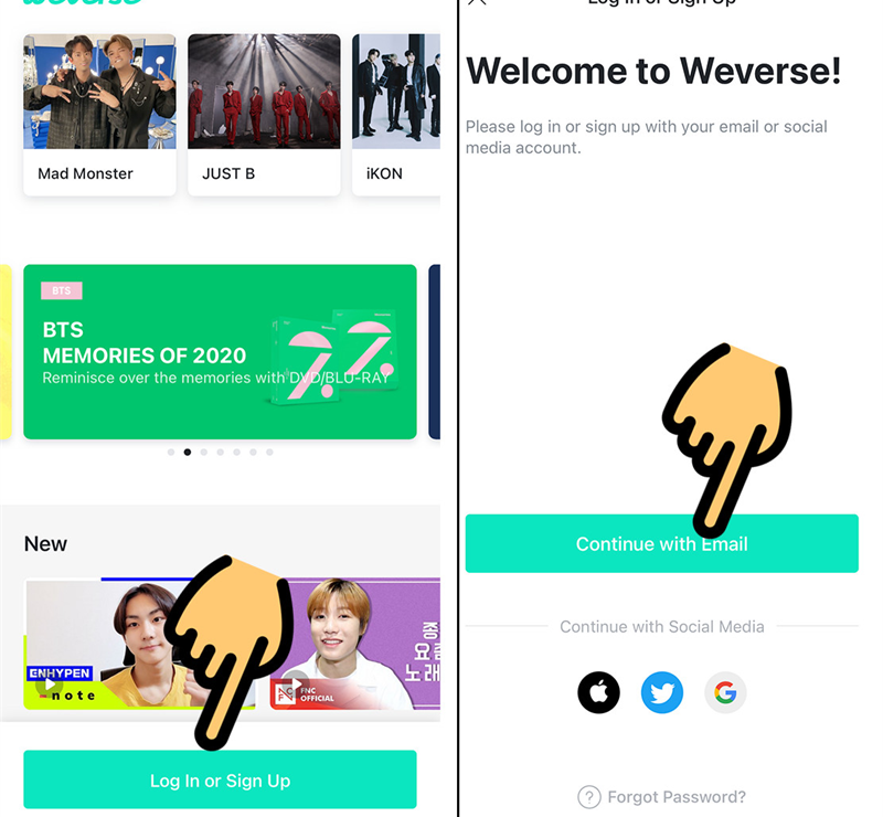 Continue with email để đăng k&yacute; Weverse