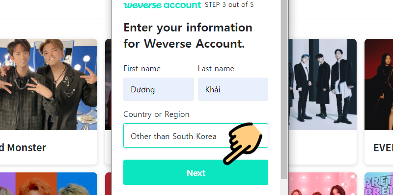 Nhập t&ecirc;n, chọn quốc gia 
