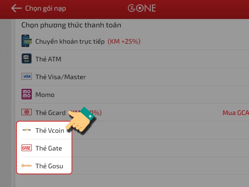 Nạp bằng thẻ VCoin/Gosu/Gate