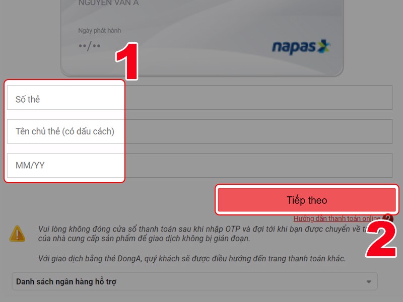 Nhập th&ocirc;ng tin thẻ ATM để thanh to&aacute;n