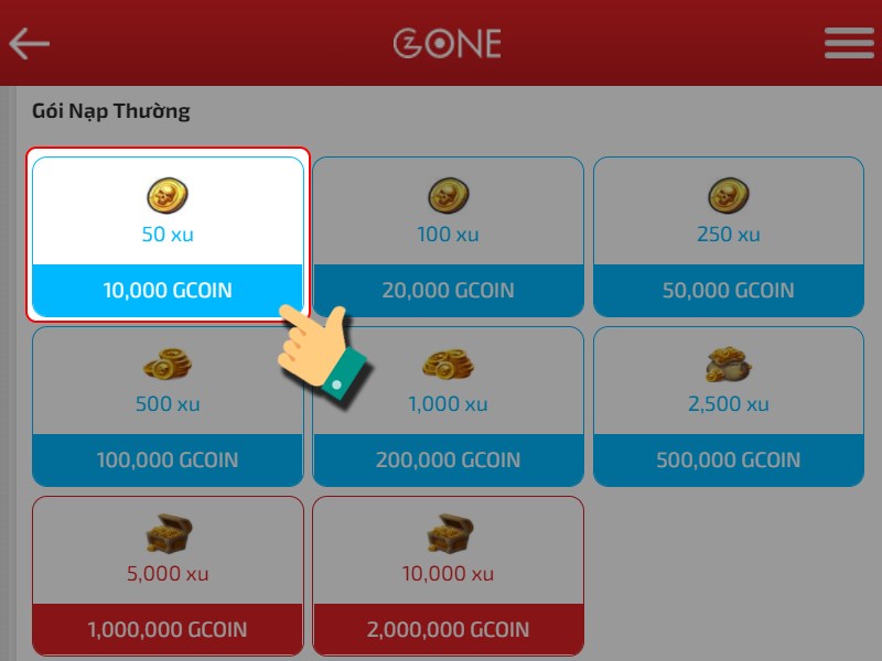 Chọn g&oacute;i nạp bạn muốn mua