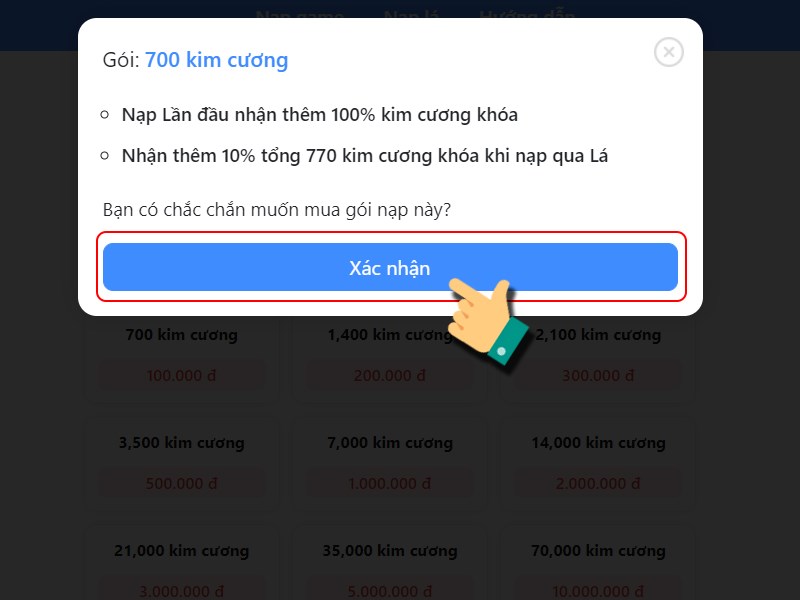 Nhấn xác nhận mua gói nạp