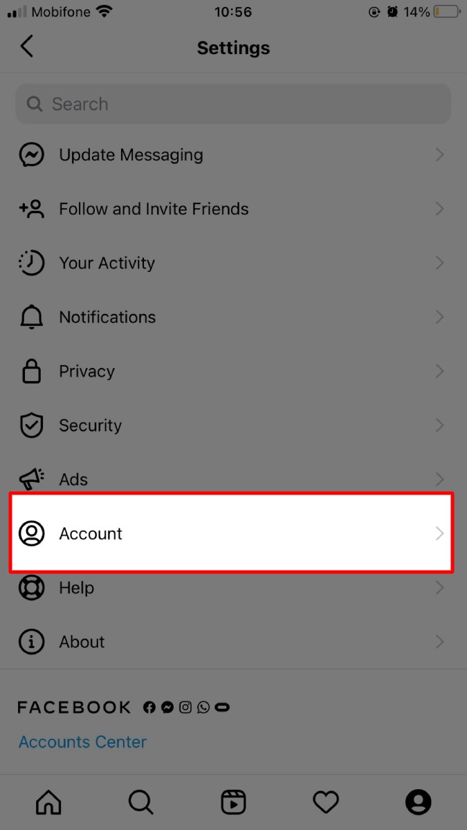 Chọn mục Account