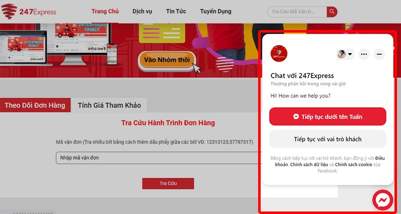 Nhắn tin trực tuyến trên trang chủ