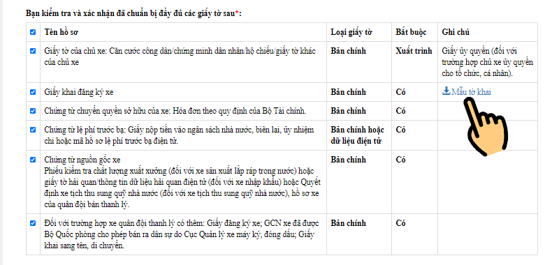 Tick x&aacute;c nhận từng loại giấy tờ đ&atilde; chuẩn bị