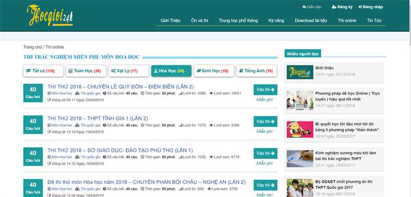 hocgioi24h.com - Thi trắc nghiệm miễn phí môn Hóa Học