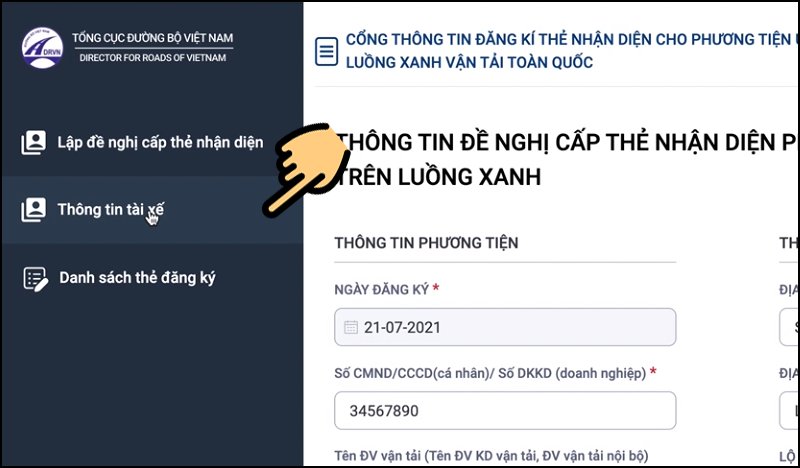 Chọn mục Thông tin tài xế