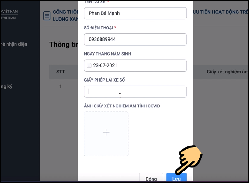 Điền các thông tin của tài xế