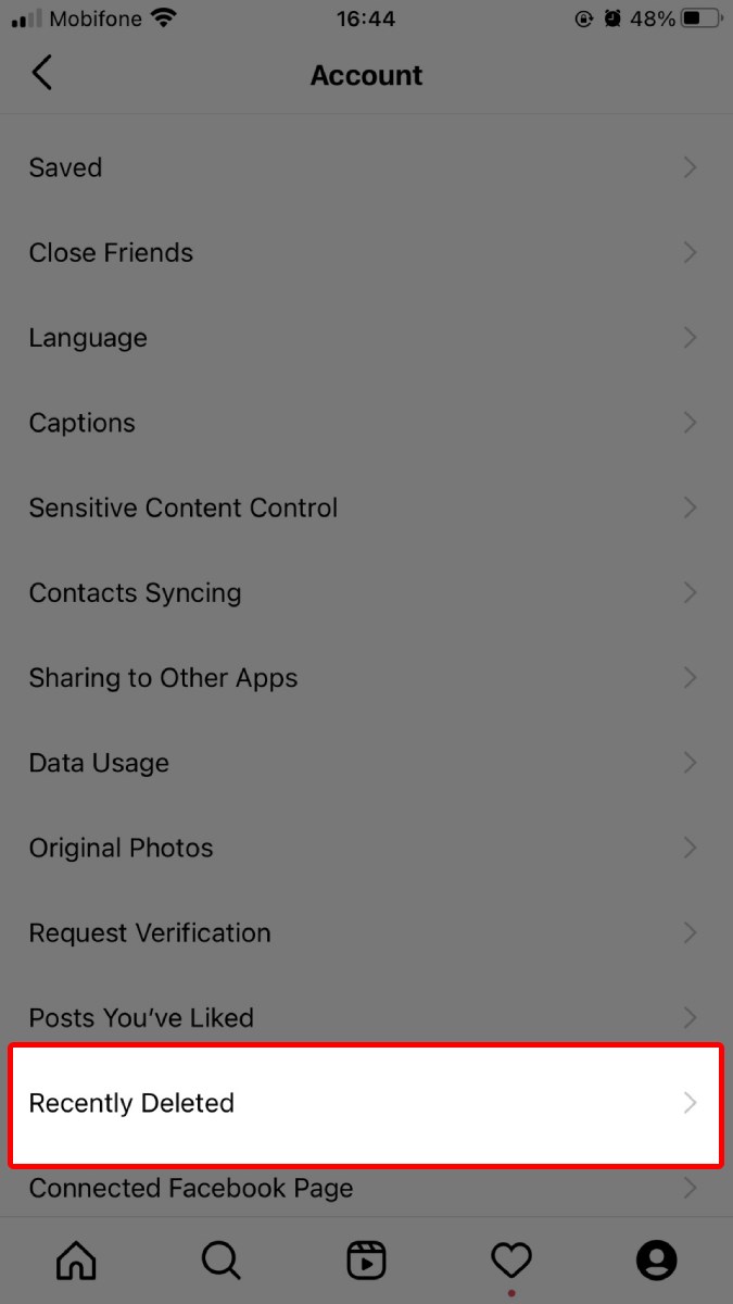 Chọn mục Reccently Deleted