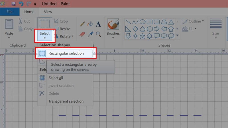 Nhấn v&agrave;o biểu tượng h&igrave;nh tam gi&aacute;c ở mục Select > Chọn Rectangular selection