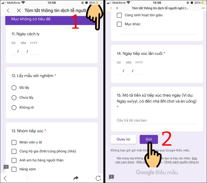 Nhập Ng&agrave;y c&aacute;ch ly, Nh&oacute;m tiếp x&uacute;c,... v&agrave; nhấn Gửi