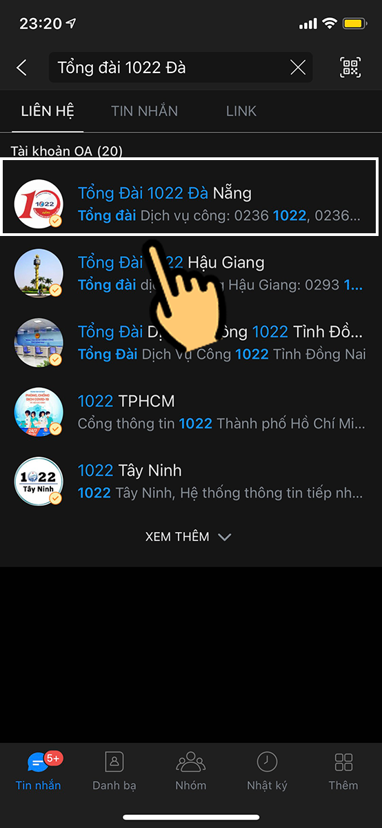 Nhập từ kh&oacute;a Tổng đ&agrave;i 1022 v&agrave; chọn t&agrave;i khoản Tổng đ&agrave;i 1022 Đ&agrave; Nẵng