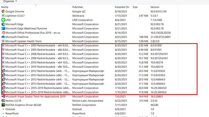 Cập nhật các gói Microsoft Visual C++ Redistributable