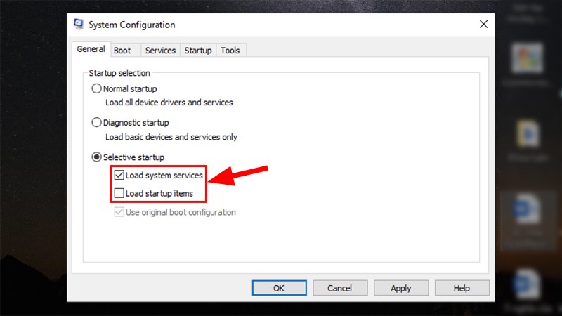 Chọn tab General > Nhấp v&agrave;o Selective Startup&nbsp; > Bỏ t&iacute;ch chọn Load Startup Items > T&iacute;ch chọn Load System Services