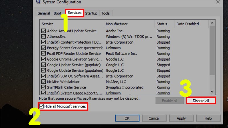 Chọn tab Services > T&iacute;ch v&agrave;o Hide All Microsoft Services > Nhấn v&agrave;o Disable all