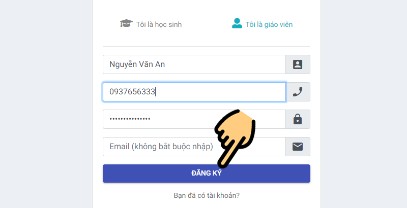 Nhập họ tên, số điện thoại, mật khẩu, email và nhấn Đăng ký