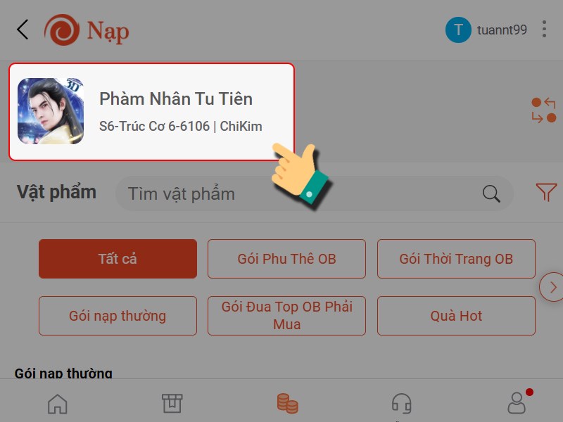 Chọn nhân vật bạn nạp tiền