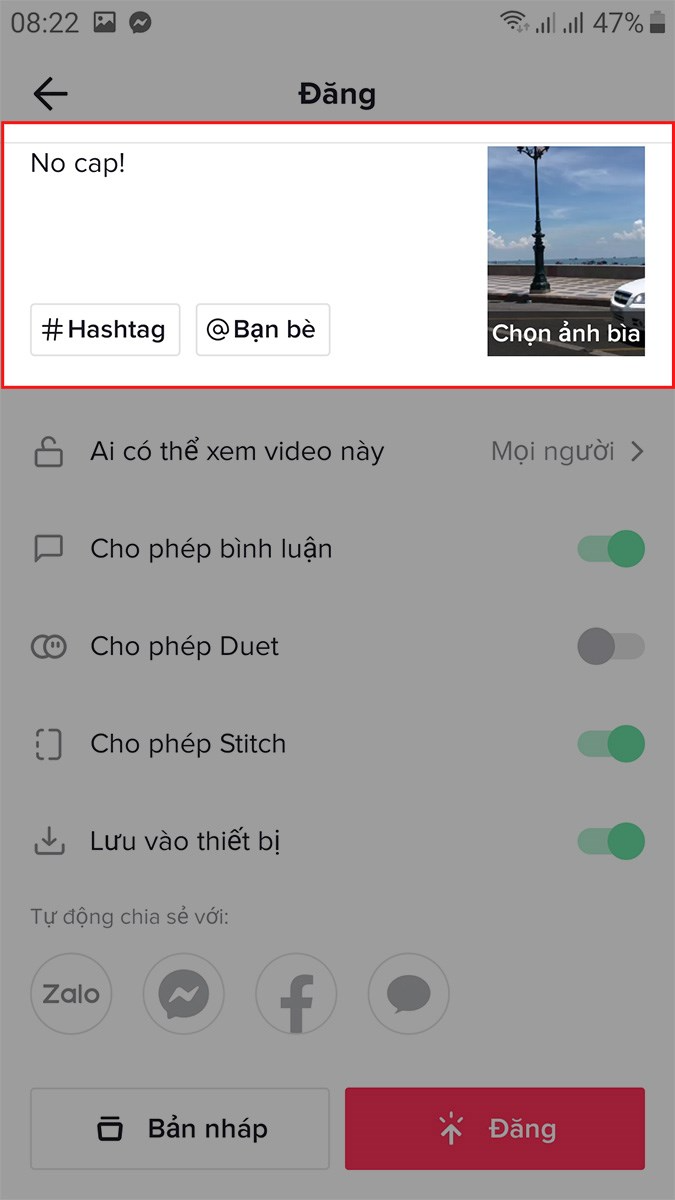 Nhập mô tả, thêm hashtag, gắn thẻ bạn bè và chọn ảnh bìa cho video tại mục Mô tả video của bạn