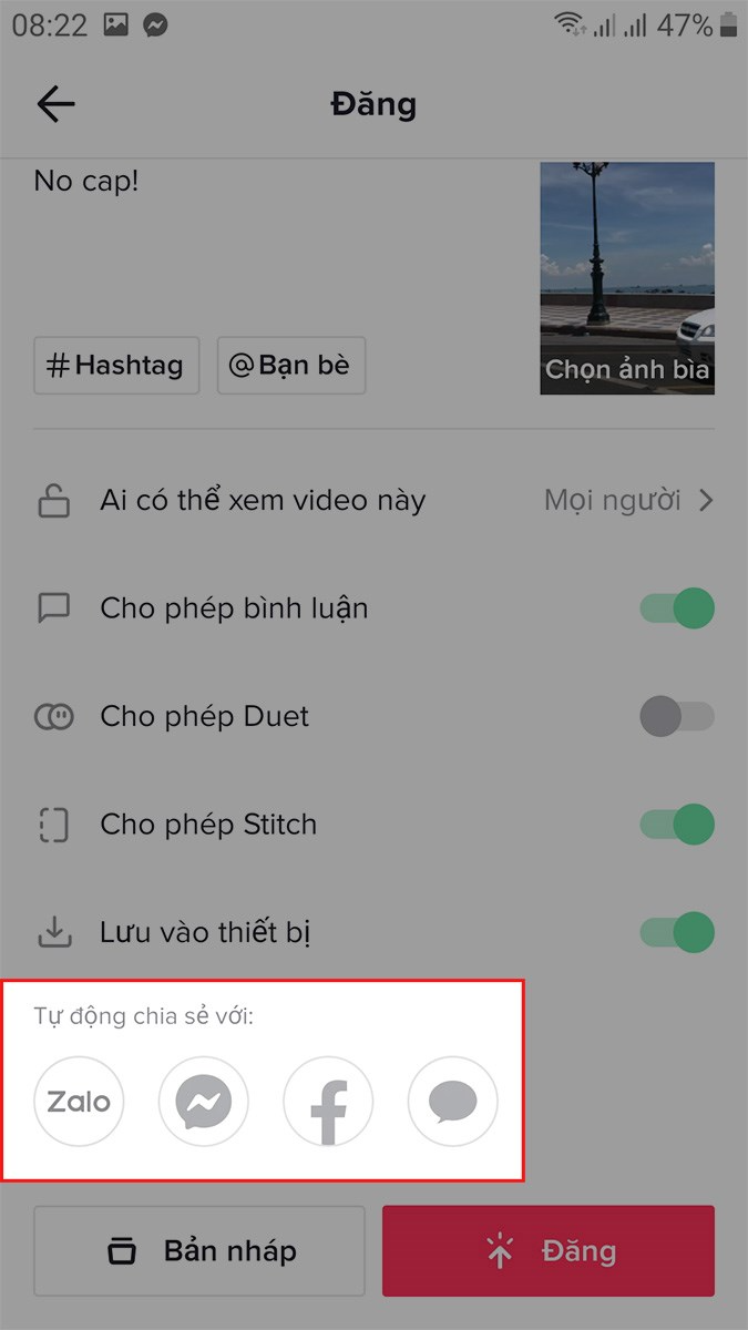 Bạn có thể chia sẻ video lên Zalo, Messenger, Facebook, tin nhắn