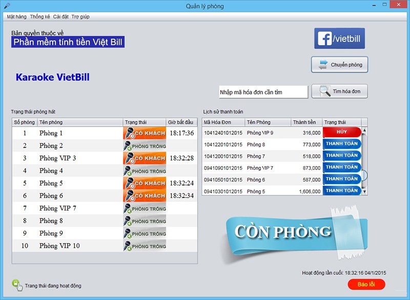 Vietbill: Phần mềm quản lý tính tiền karaoke miễn phí