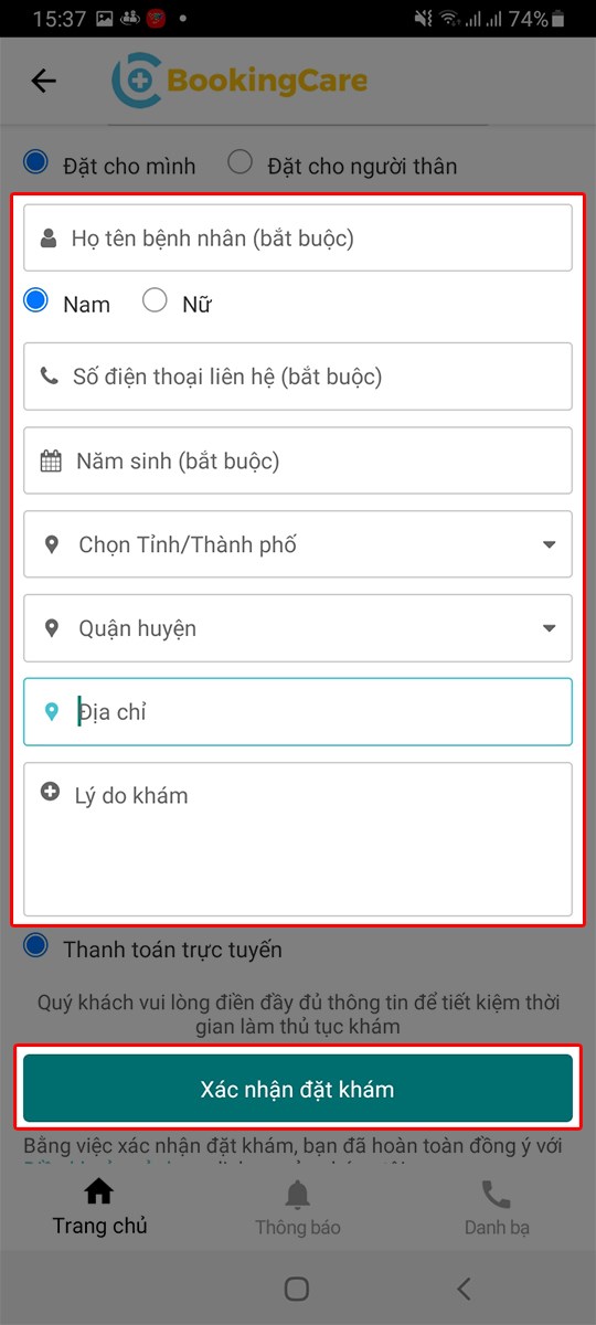 Nhập thông tin người bệnh, ấn Xác nhận đặt khám