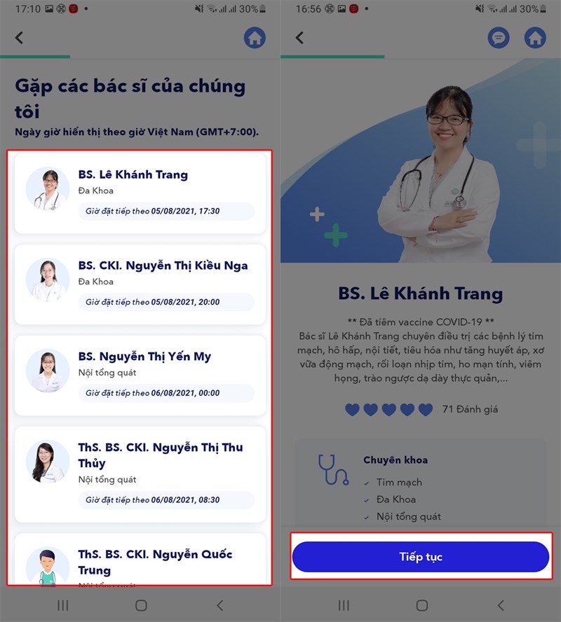 Lựa chọn bác sĩ và ấn Tiếp tục