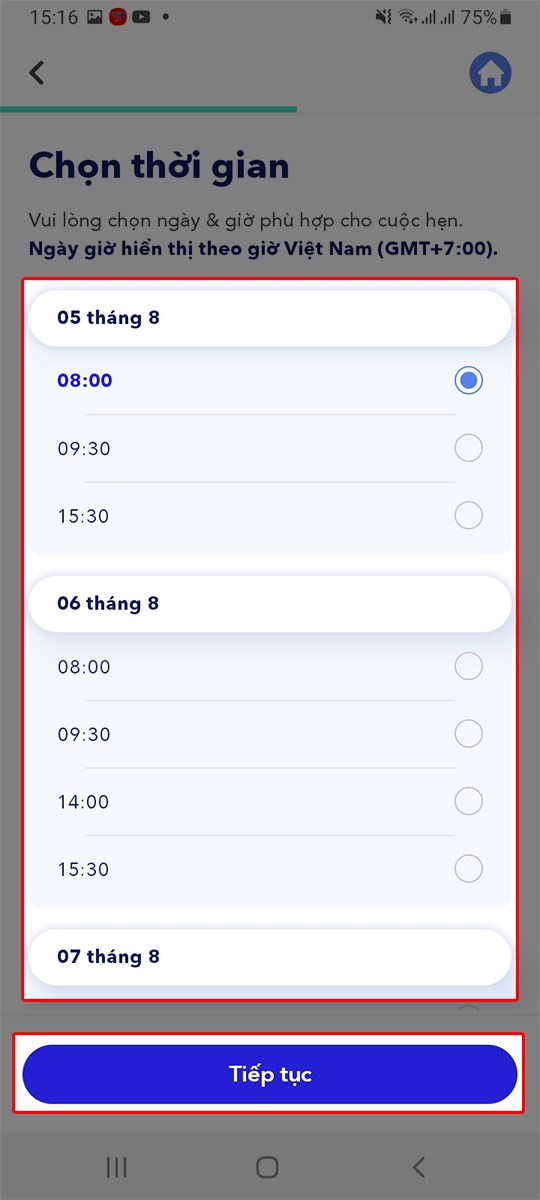 Lựa chọn thời gian khám và ấn Tiếp tục