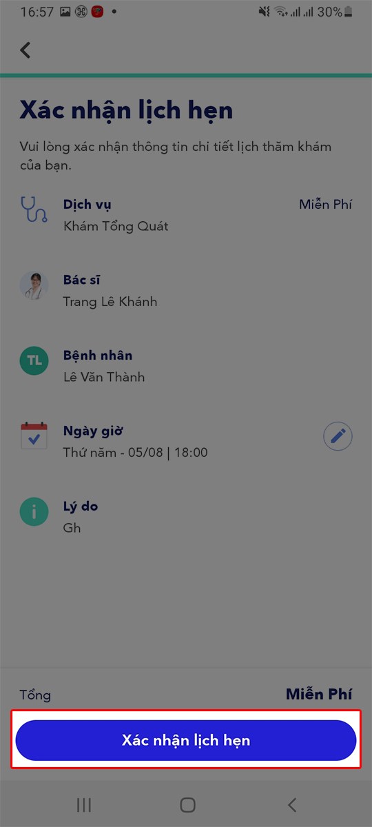 Ấn xác nhận lịch hẹn