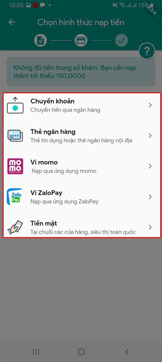 Chọn hình thức nạp tiền