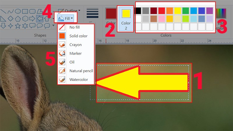 Nhấn v&agrave;o biểu tượng mũi t&ecirc;n > Chọn Color 2 > Chọn m&agrave;u muốn t&ocirc; ở bảng m&agrave;u > Chọn Fill > Chọn kiểu t&ocirc; t&ugrave;y chọn cho mũi t&ecirc;n