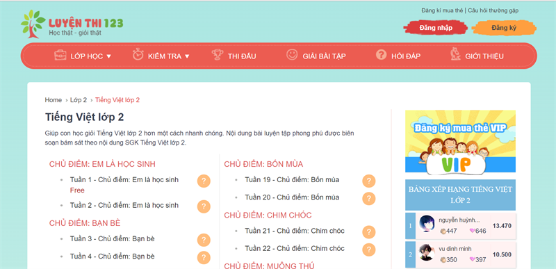 luyenthi123.com - Học Tiếng Việt lớp 2 online miễn ph&iacute;