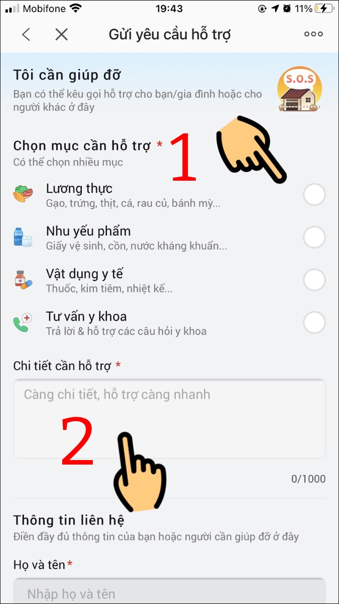 Tick chọn mục cần hỗ trợ&nbsp;v&agrave; điền chi tiết cần hỗ trợ v&agrave;o