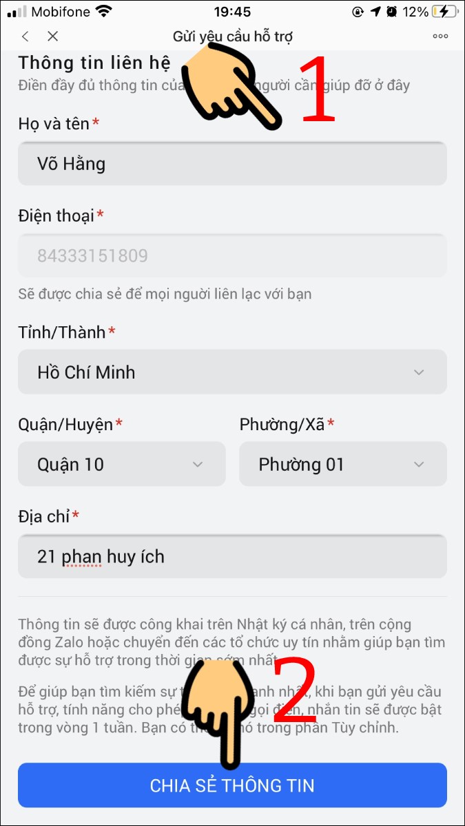Nhập th&ocirc;ng tin li&ecirc;n hệ v&agrave; nhấn n&uacute;t Chia sẻ th&ocirc;ng tin