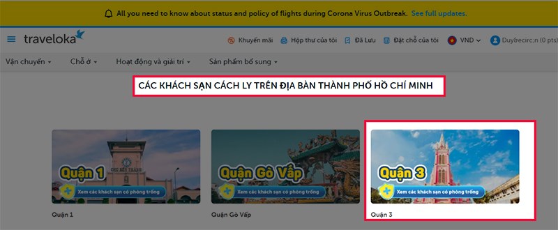 Truy cập v&agrave;o trang web đặt ph&ograve;ng c&aacute;ch ly v&agrave; chọn địa điểm