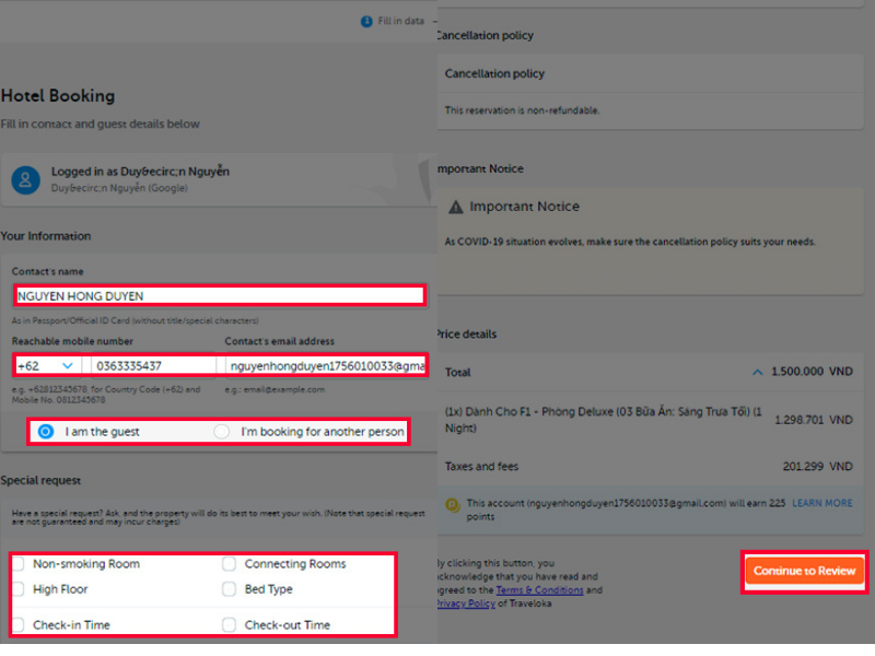 Điền th&ocirc;ng tin v&agrave; chọn 